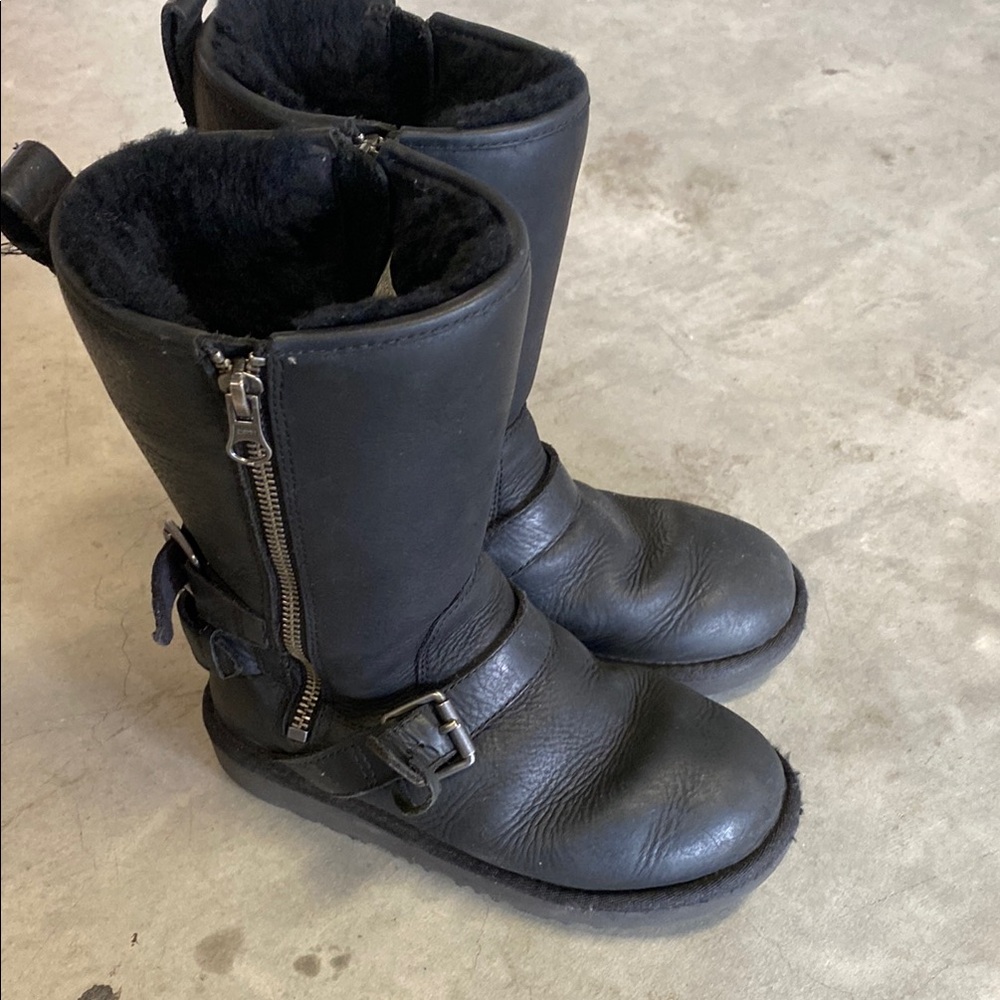 UGG Black Mid-Calf Boots with Side Zipper and Buckle Straps